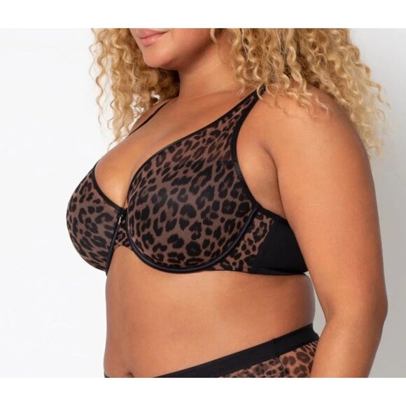 CURVY COUTURE Women Leopard Print Sheer Mesh Plunge T-shirt Bra SZ 44D Full Cove - Picture 2 of 11